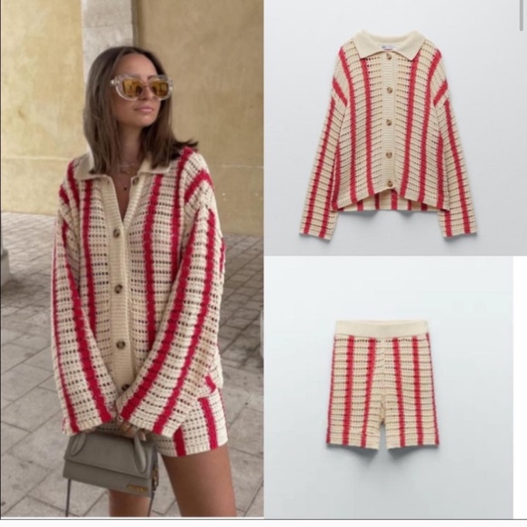 ZARA High Waisted Openwork Knit Shorts - Picture 2 of 8